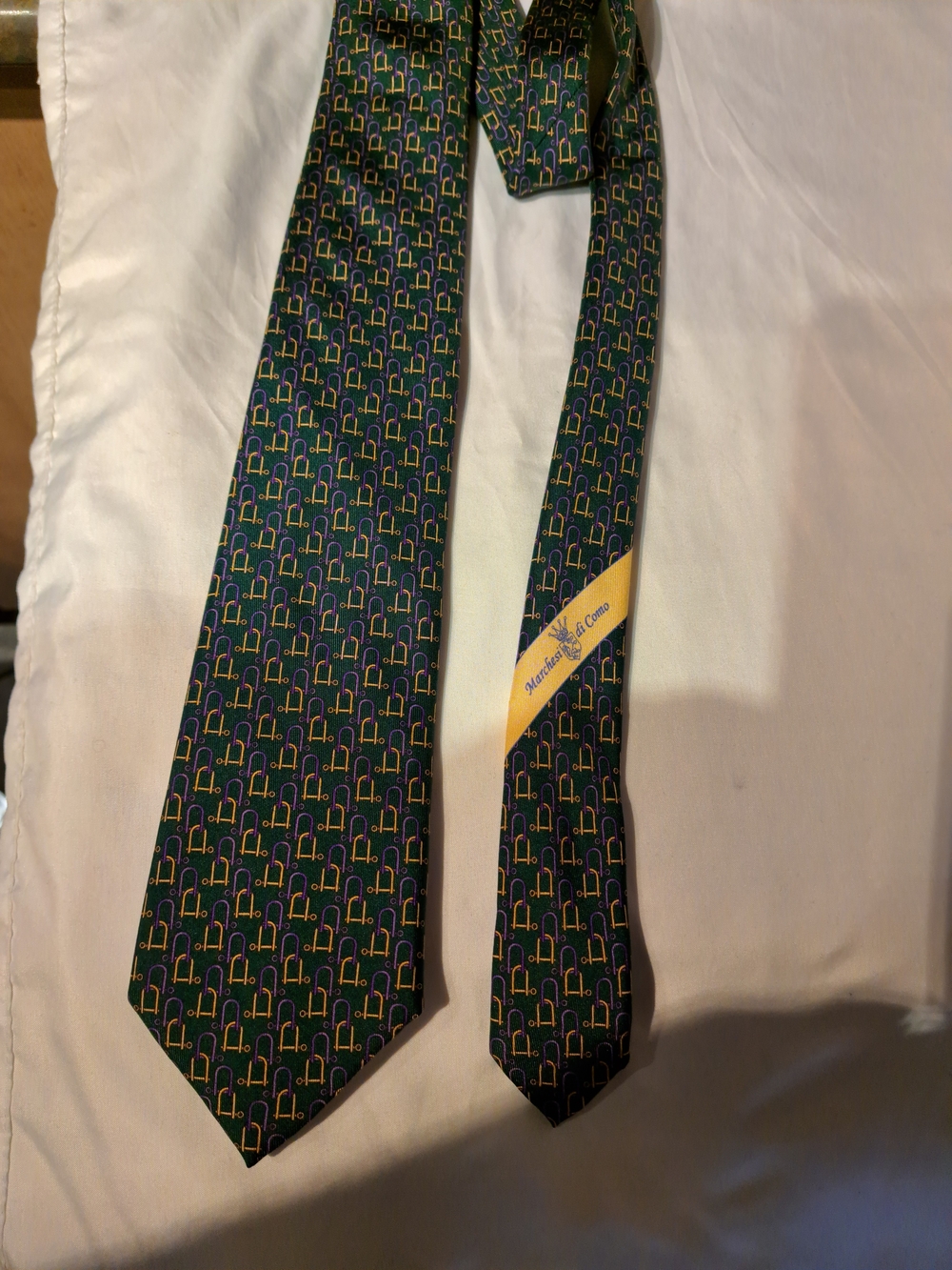 Men's Patterned Green Silk Tie with Yellow Accents